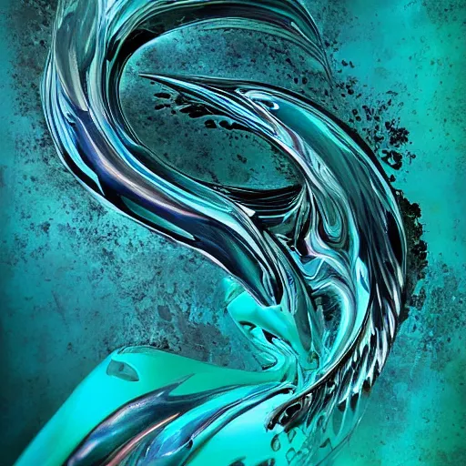 Prompt: a small dark luminous turquoise color liquid water sculpture is a corvette, hybrid, viscous, reflective, monochromatic, digital art