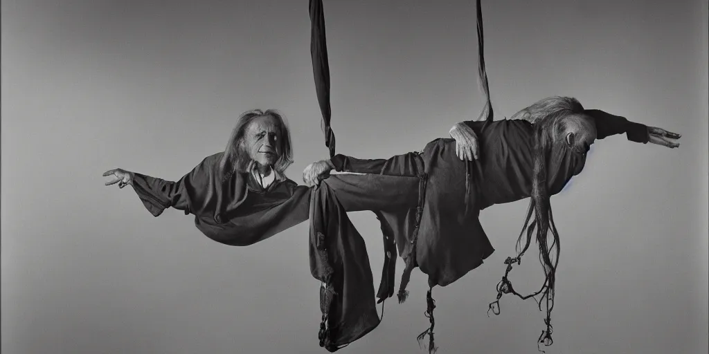 Prompt: a old man with 3 heads and 6 eyes, long hair, hanging upsidedown by annie leibovitz