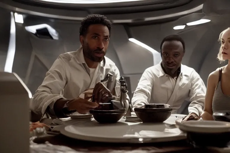 Image similar to movie closeup diverse interracial small team of European sci-fi futuristic space explorers talking at the table in a spaceship kitchen, beautiful skin, Symmetrical faces. Beautiful lighting by Emmanuel Lubezki