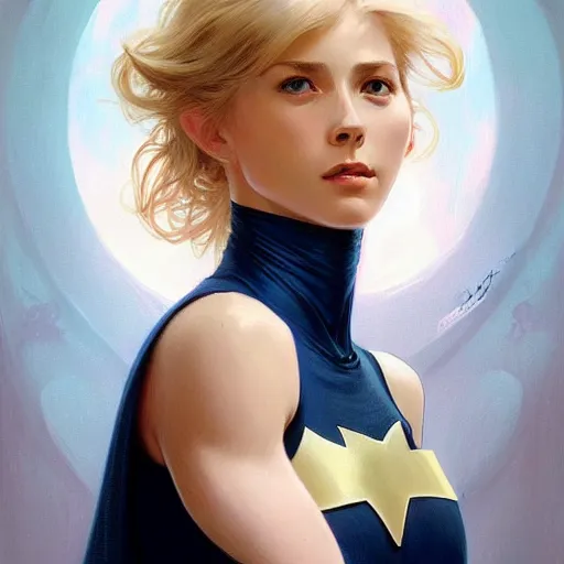 Prompt: a beautiful portrait of a beautiful strong cute young superhero woman, shoulder - length blonde hair, tight solid matte navy blue lycra bodysuit, white cape, body, muscles, intricate, elegant, 8 k, highly detailed, digital painting, concept art, smooth, sharp focus, illustration, by artgerm greg rutkowski alphonse mucha loish wlop