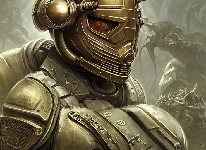 Image similar to mf doom with reptile eyes, fallout power armor exploding into fractals, intricate, elegant, highly detailed, centered, digital painting, artstation, concept art, smooth, sharp focus, illustration, artgerm, tomasz alen kopera, peter mohrbacher, donato giancola, joseph christian leyendecker, wlop, frank frazetta