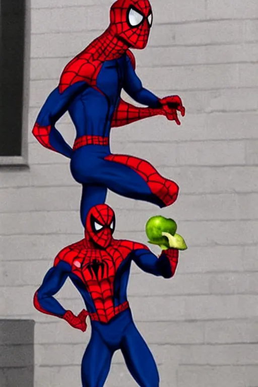 Prompt: Steve Jobs as unmasked Spiderman holding a bitten apple