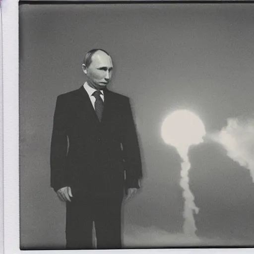 Image similar to Vladimir putin looking at an atomic bomb. polaroid. bleak.