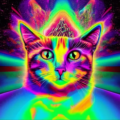 Image similar to psychedelic Lisa frank psychic cat overtaking the world which begins to shatter all around it as it opens its third eye for the first time chromatic aberration in the rising pieces of the crumbling earth