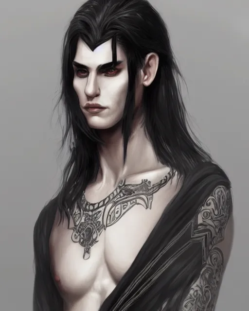 Image similar to portrait of a feminine male dark elf, dark ebony obsidian skin, white tatoo, long hair, fantasy, elegant, intricate, highly detailed, digital painting, artstation, concept art, sharp focus, illustration