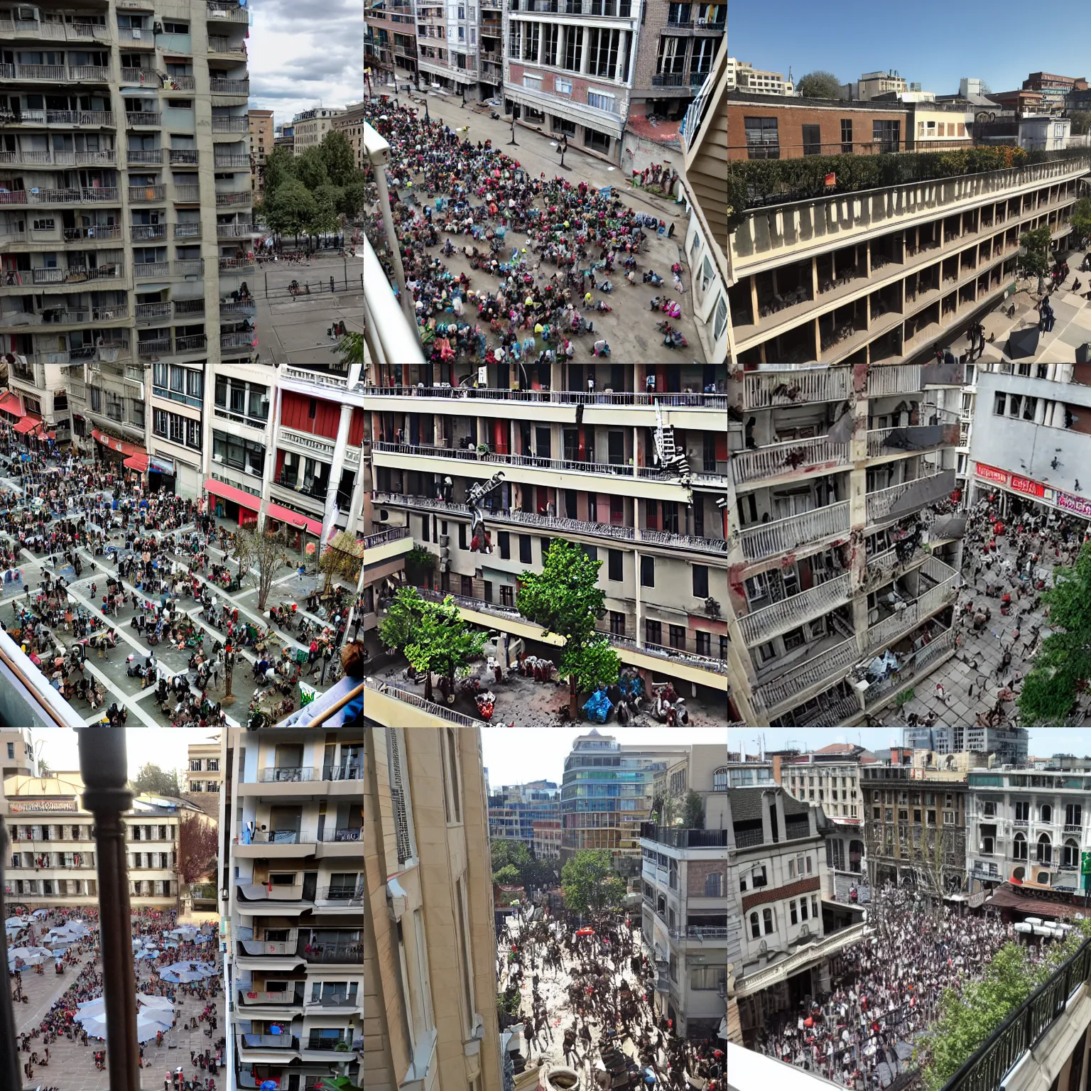 Prompt: view from a balcony on the second floor, overlooking a square full of zombies