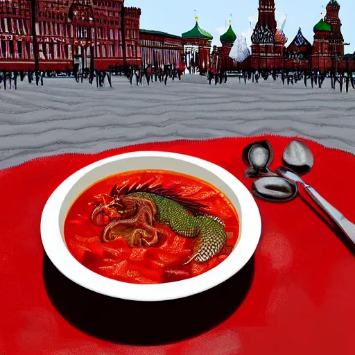 Prompt: Dragon eating russian borsch soup on the Red Square, digital art