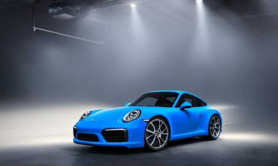 Image similar to photograph of a blue porsche 911 standing in a garage, centered, mist, volumetric light, cinematic lighting, octane render, 4k, ultra realistic