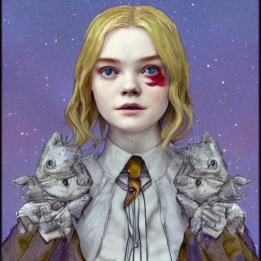 Prompt: Elle Fanning in the painted world of Dark Souls, head and shoulders masterpiece, apocalypse, golden hour, cosmic horror, artstation, in the style of Beatrix Potter, extremely detailed