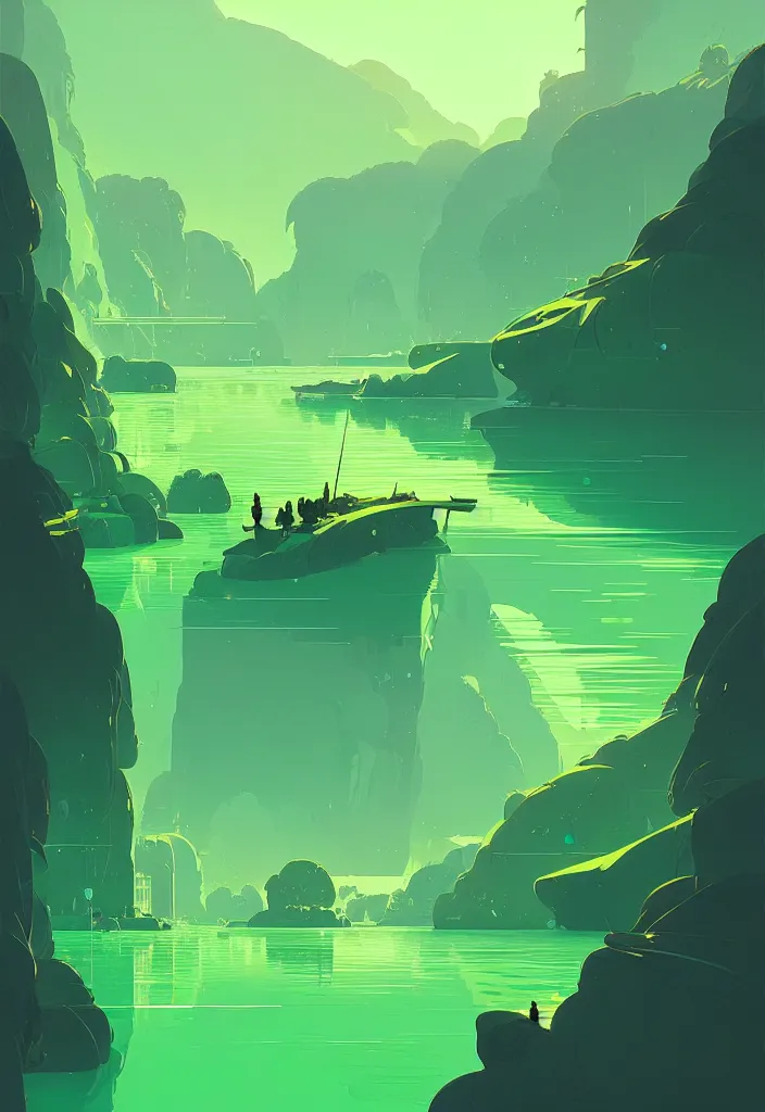 Image similar to by moebius and atey ghailan | a bright green river with clear crystal boats moving up and down it |