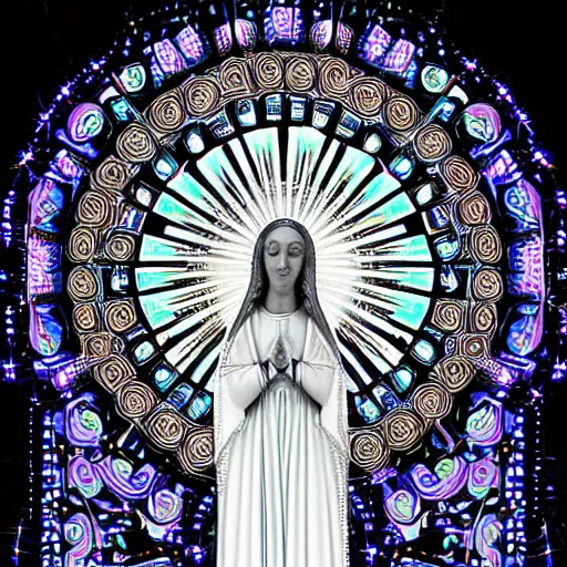 Image similar to portrait photo of virgin mary as a gorgeous raver girl, symmetrical composition, taken with leica 0-series no. 105