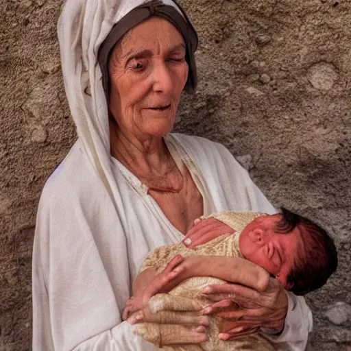 Image similar to dramatic film still of 80 year old sentimental Mediterranean skinned woman in ancient Canaanite clothing holding a newborn baby, crying, awe, love, ancient interior tent background, Biblical epic movie