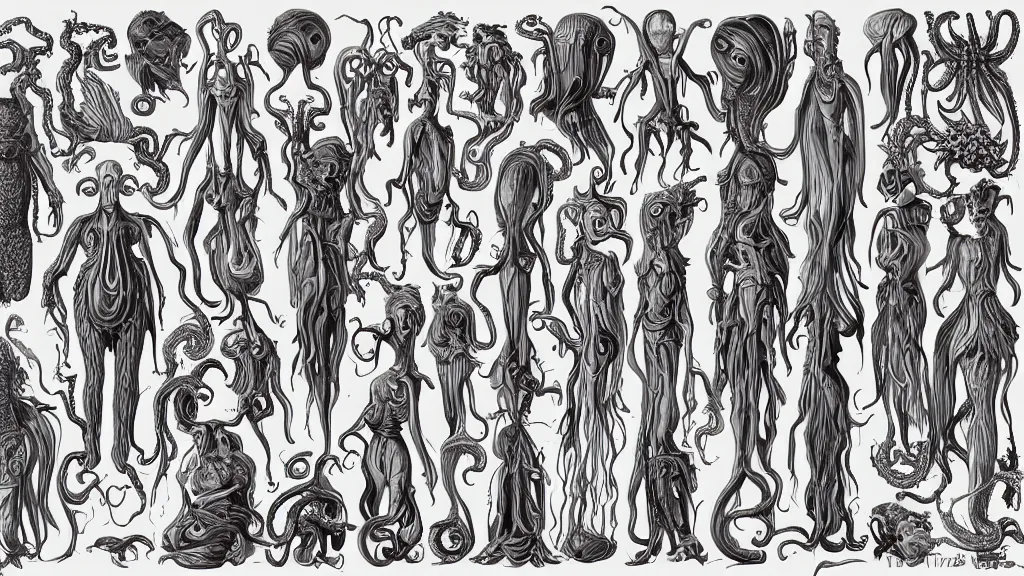 Prompt: vector, highly detailed colorful character sheet for a stocky alien extraterrestrial victorian female servant maid with thick snake - like tentacles instead of hair, long dress with apron, ernst haeckel, jim henson creature shop, coherent, illustration, digital art, trending on artstation, hd, 8 k, good lighting, beautiful, rough paper, masterpiece