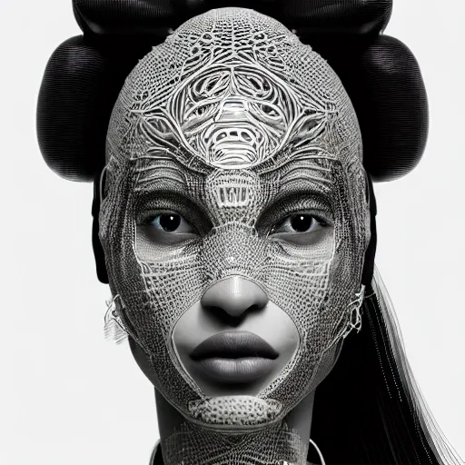 Prompt: portrait of an absurdly beautiful, graceful, sophisticated, fashionable african cyberpunk mechanoid gravure idol, ultrafine hyperdetailed illustration by irakli nadar, matt wisniewski style, marvel comics, intricate linework, black porcelain skin, neon jellyfish headdress, ivory carved ruff, unreal engine 5 highly rendered, global illumination, radiant light, detailed and intricate environment