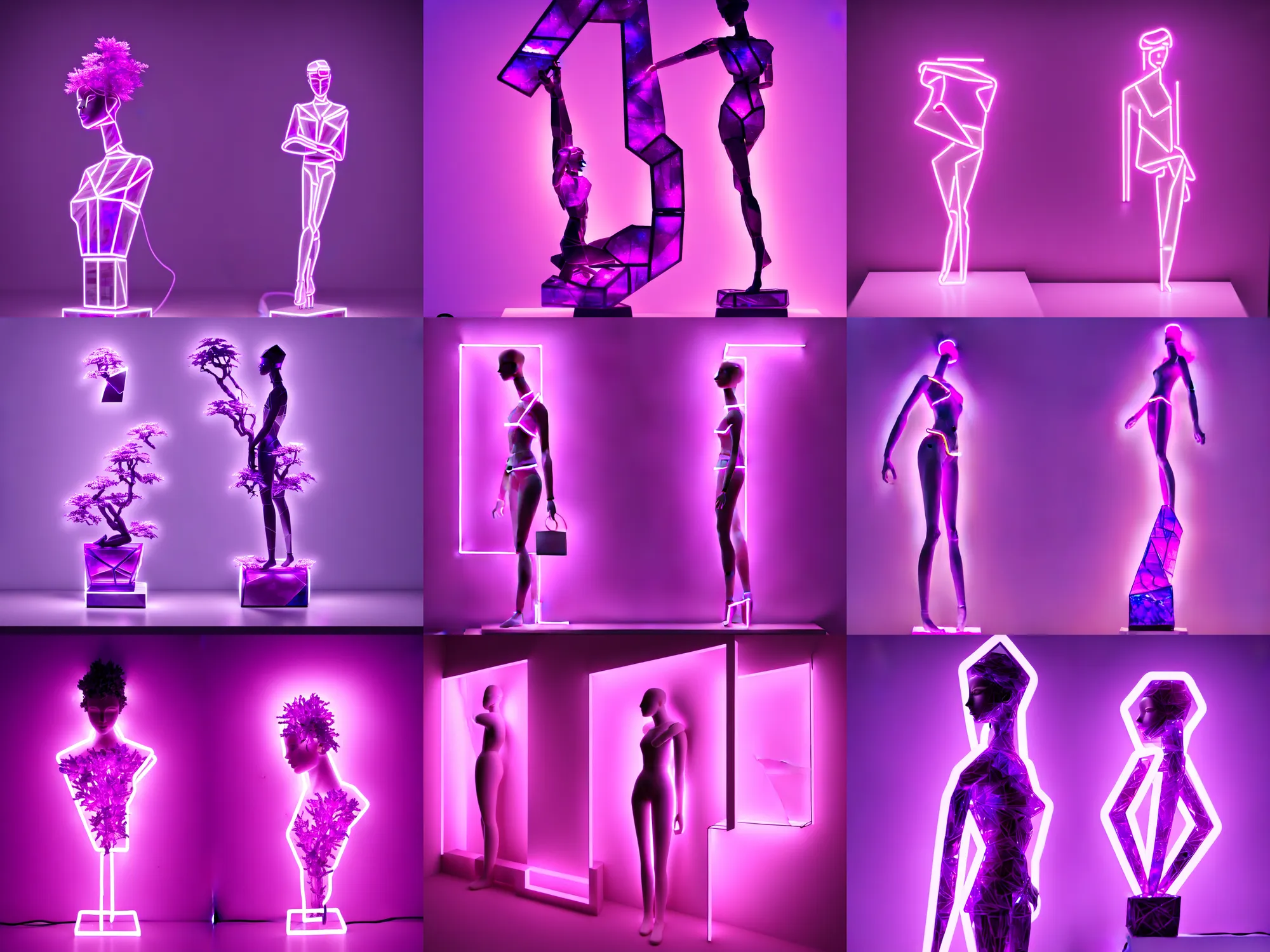 Prompt: beautiful mannequin sculpted out of amethyst by billelis + lit with geometric neon + iridescent geometric cubed bonsai plants!!!!, doorway opening with neon pink geometric light, clean linework, dramatic, finely detailed, rule of thirds, moody, confident, award winning, 4 k, trending on artstation, photorealistic, volumetric lighting, octane render