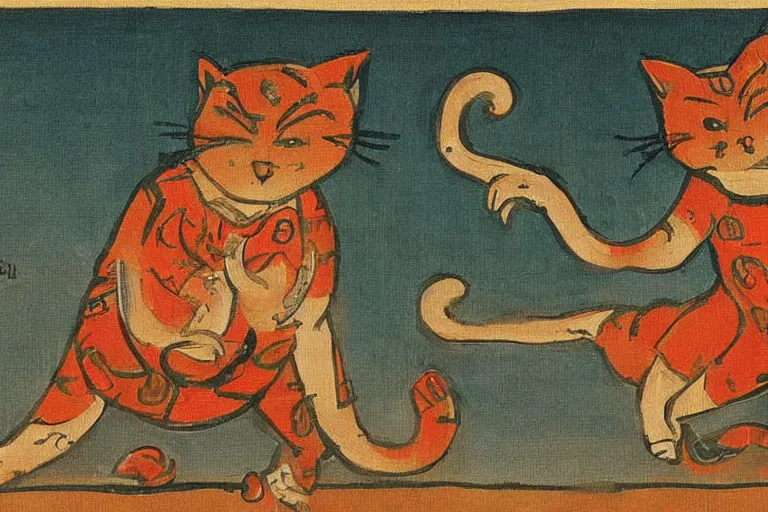 Prompt: a high detail paint of Two cats dancing around Jomon pottery, in simple background, concept art, mad painting