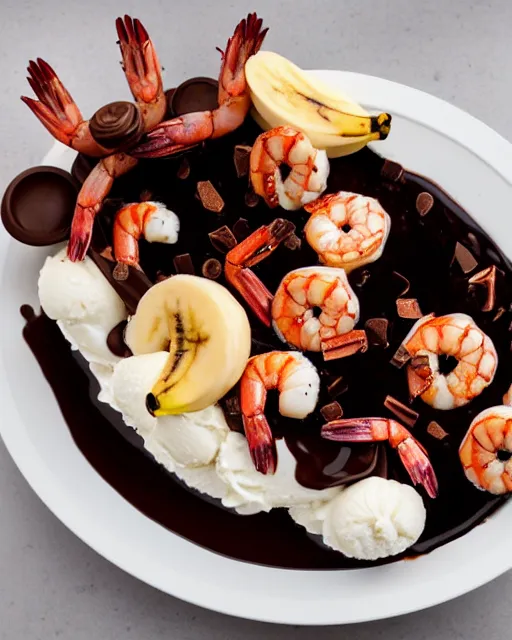 Image similar to dslr food photograph of an ice cream banana split with shrimps on top. chocolate sauce, shrimp, banana. 8 5 mm f 1. 4