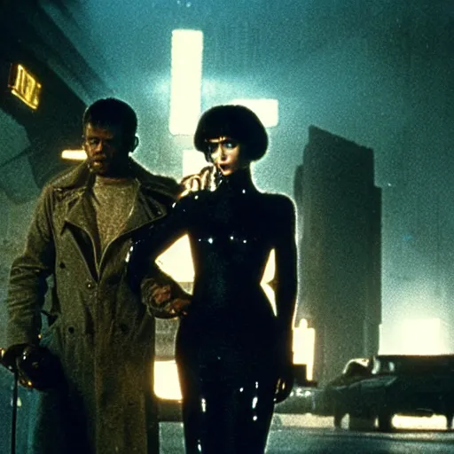 Image similar to 1 9 8 2 film stills of blade runner, with rachel with beyonce, and doja cat, having a night on the town. rainy and smoky with futuristic vehicles overhead and people carrying neon umbrellas.