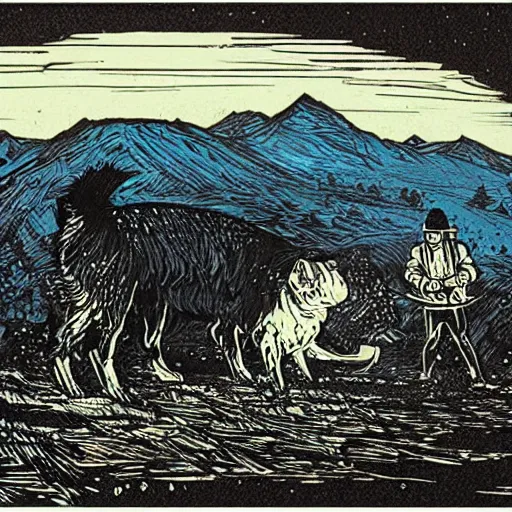 Image similar to blue woodcut print cartoon, hills science diet dog food at midnight by greg rutkowski, fine details, highly detailed