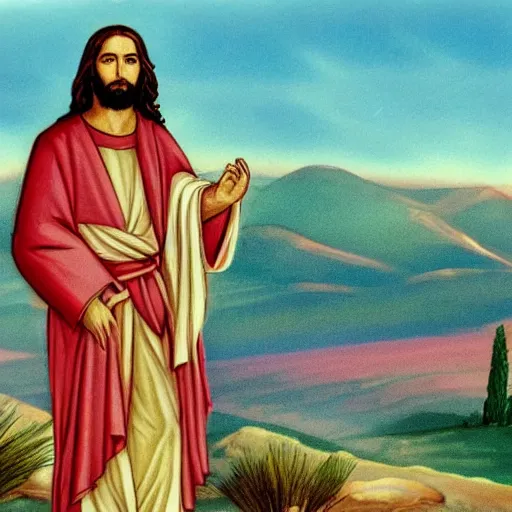 Prompt: the real face of the man known as jesus of nazareth wearing traditional clothing and in ancient isreal landscape