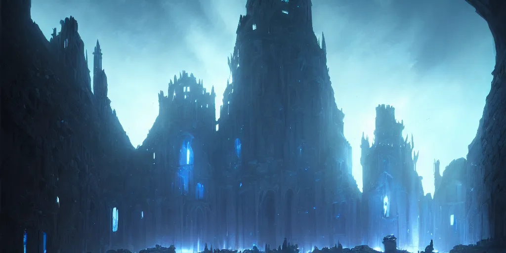 Prompt: exterior of a giant abbey made of blue stone in the middle of a dark abyss. in style of greg rutkowski and hyung - tae kim, trending on artstation, dark fantasy, great composition, concept art, highly detailed, dynamic pose, vibrant colours, epic, 8 k.