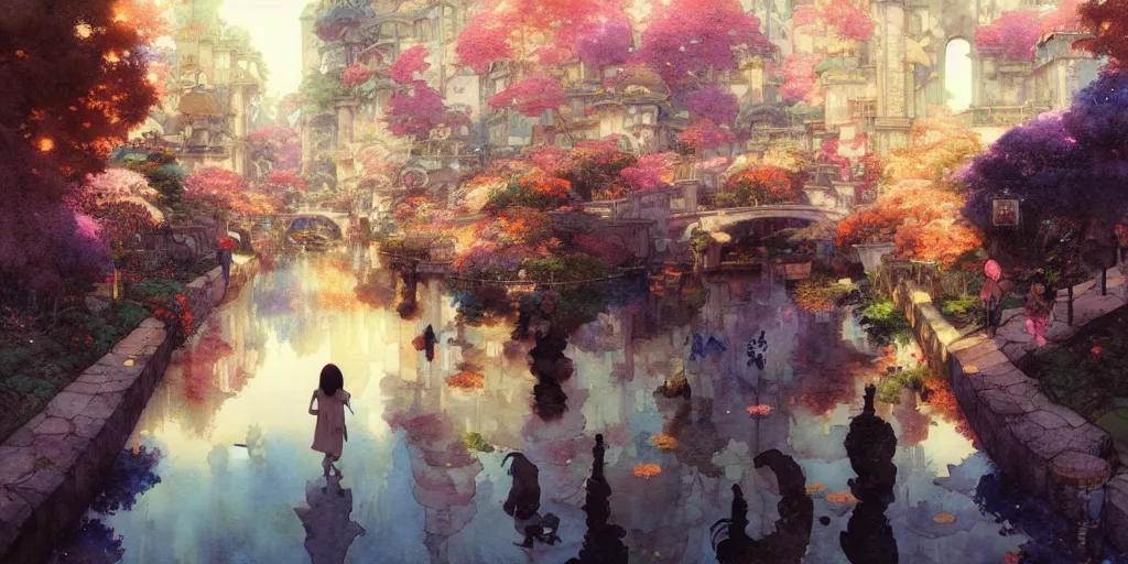 Image similar to anime movie scene, characters walk, waterway, fantasy. intricate, amazing composition, colorful watercolor, reflections, by ruan jia, by maxfield parrish, by koji morimoto, by hikari shimoda, by sparth, by zhang kechun, illustration, gloomy