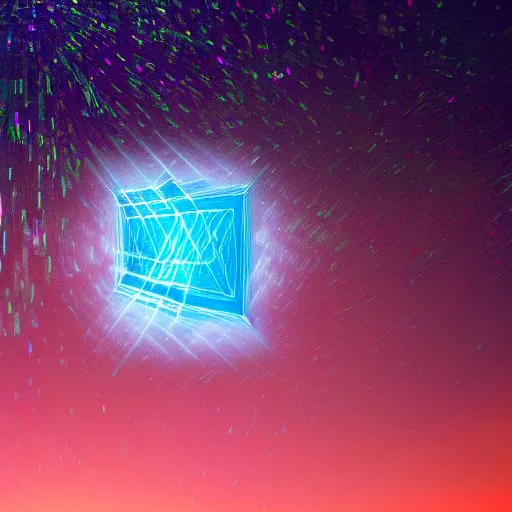 Prompt: a photograph of a rotating blue tesseract in the middle of the screen, stars in the background