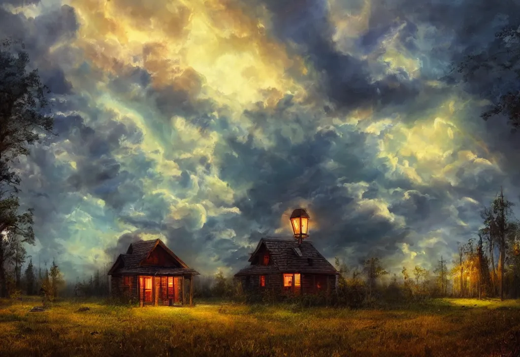 Prompt: small wooden house in the woods, there is lanterns around illuminating the environment, cinematic lightning, dramatic, clouds, sky, the time of day is sunset, highly detailed, oil painting,