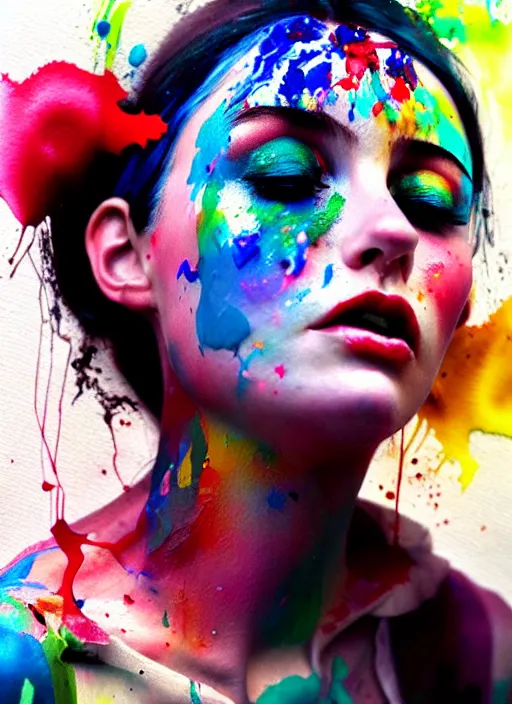Prompt: ridiculously beautiful young woman covered in paint, in the style of irakli nadar, effervescent, warm, dark, watercolor, deep mood, hyperrealism, epic and cinematic,