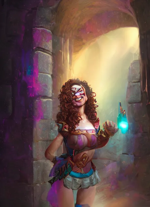 Image similar to an epic fantasy comic book style portrait painting of a girl wearing colorful makeup with a smile and curly brown hair stepping out of a doorway with light shining behind her, unreal 5, daz, hyperrealistic, octane render, cosplay, rpg portrait, dynamic lighting