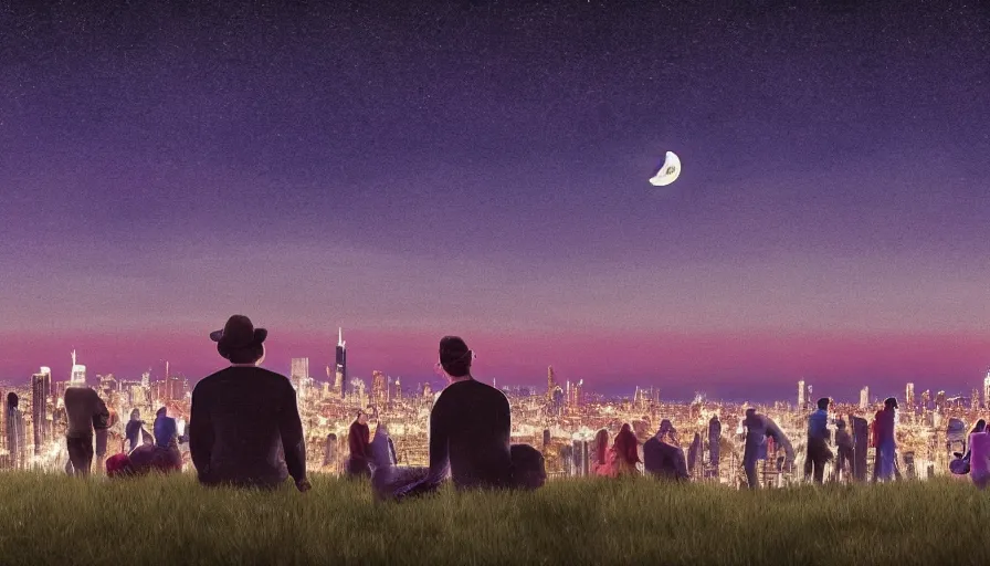 Image similar to people sitting on a hill watching chicago at night. the sky had stars and a full moon. hyperdetailed, artstation, cgsociety, 8 k