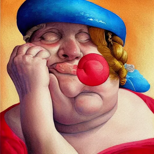 Prompt: a very funny stylize oil painting in renaissance style of a sweet fat old woman kissing her reflection. symmetry face, red mouth, blue eyes. flowery dress. hyper realistic scene. 3 d, octane render, deep focus, white scene. very funny and sweet image. unreal engine. watercolor. fellini style. poster quality. klee style.