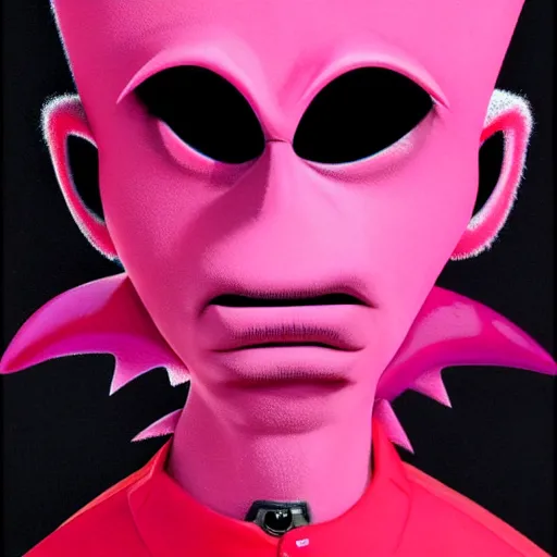 Prompt: a pink punk rock alien with black spiked hair, an airbrush painting by Jamie Hewlett, cgsociety, symbolism, antichrist, aesthetic, 8k