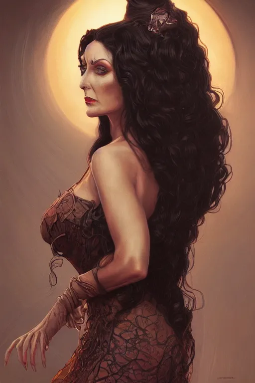 Prompt: ultra realistic illustration, deanna troi as morticia addams from baldurs gate and diablo, intricate, elegant, highly detailed, digital painting, artstation, concept art, smooth, sharp focus, illustration, art by artgerm and greg rutkowski and alphonse mucha