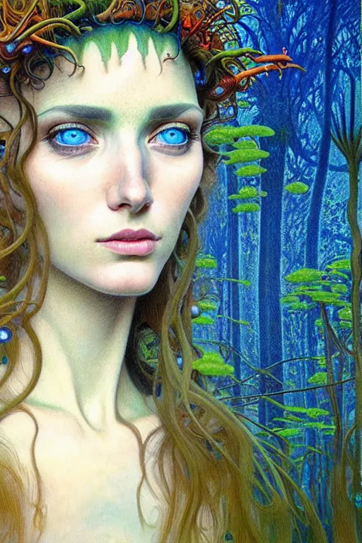 Image similar to realistic detailed face portrait painting of the beautiful beyounce with long hair with sci-fi headwear, futuristic sci-fi forest on background by Jean Delville, Amano, Yves Tanguy, Alphonse Mucha, Edward Robert Hughes, Roger Dean, rich moody colours, blue eyes