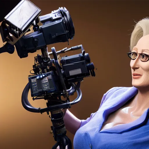 Prompt: animatronic Meryl Streep, exposed mechanics, photo, Stan Winston studios, detailed, 4k