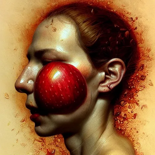 Image similar to apples arranged in the shape of a face, fantasy, intricate, elegant, highly detailed, lifelike, photorealistic, digital painting, artstation, illustration, smooth, sharp focus, art by artem demura, giuseppe arcimboldo