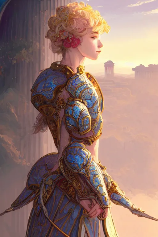 Image similar to portrait young knights of Zodiac girl, rose golden and ice blue armor, in ruined Agora of Athens Sunrise, ssci-fi and fantasy, intricate and very beautiful and elegant, highly detailed, digital painting, artstation, concept art, smooth and sharp focus, illustration, art by tian zi and WLOP and alphonse mucha