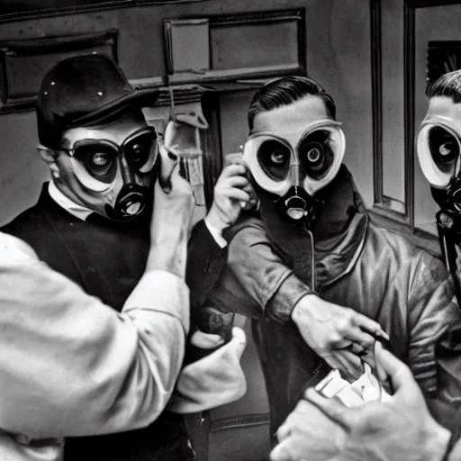 Prompt: 8 k uhd photos from italian mafia associations ( circa 1 9 6 0 ), some of them use gas masks, uhd face details, uhd character details, national geography winning photo contest