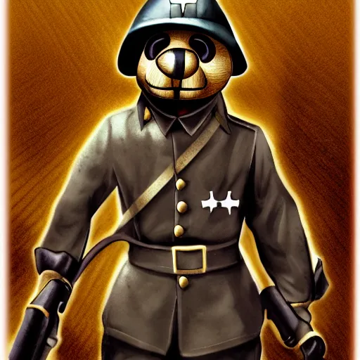 Image similar to golden freddy as a soldier in world war two, trenches, film grain