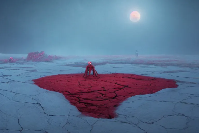 Prompt: a hovering red skull, surreal frozen landscape, 8 k, cinematic lighting, by beeple and zdzisław beksinski