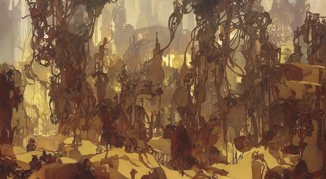 Prompt: A beautiful landscape painting of dystopian future by Alfons Maria Mucha and guido borelli da caluso and don bluth