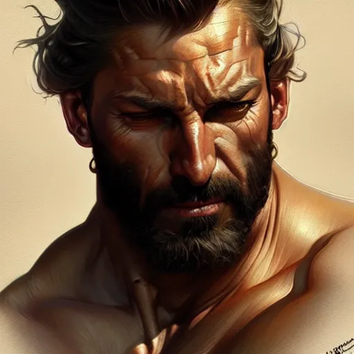 Image similar to , heavy muscular rugged man , fantasy, intricate, elegant, highly detailed, digital painting, artstation, concept art, smooth, sharp focus, illustration, art by artgerm and greg rutkowski and alphonse mucha