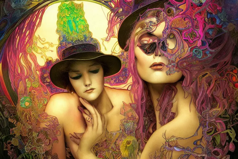 Image similar to An extremely psychedelic celestial undertaker in his black fedora hat, colorful, surreal, dramatic lighting, magic mushrooms, psilocybin, LSD, face, detailed, intricate, elegant, highly detailed, digital painting, artstation, concept art, smooth, sharp focus, illustration, art by Krenz Cushart and Artem Demura and alphonse mucha