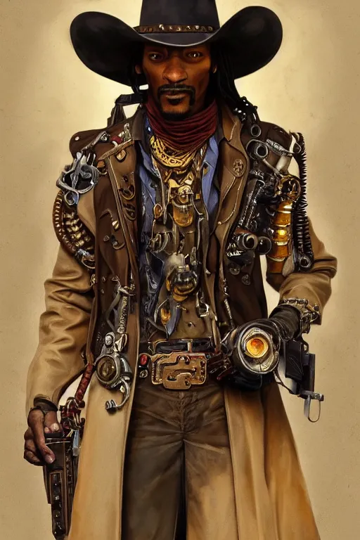 Prompt: cowboy snoop dog as a steampunk cyborg gunslinger, portrait, cyber western, duster, fantasy, intricate, elegant, highly detailed, digital painting, artstation, concept art, sharp focus, illustration, art by artgerm and greg rutkowski and alphonse mucha