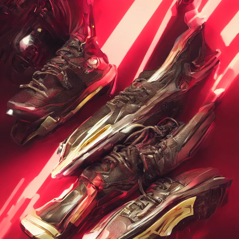 Prompt: realistic product shot of a cyberpunk sneaker, beautiful studio lighting, soft, sharp focus, neon cyberpunk highlights, intricate detail, gold and red accents, soft rubber, octane render, wide angle, trending on artstation, deviantart, art by syd mead