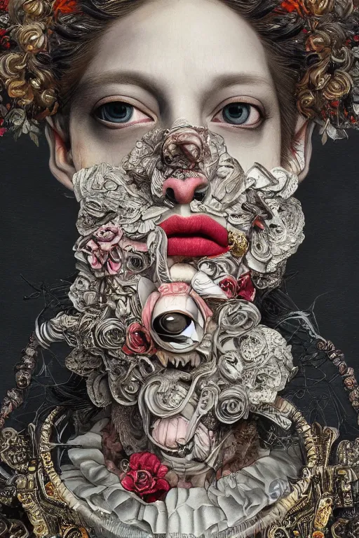 Image similar to Detailed maximalist portrait with large lips and wide white eyes, angry expression, HD 3D mixed media collage, highly detailed and intricate illustration in the style of Caravaggio and James Jean, surreal dark art, baroque