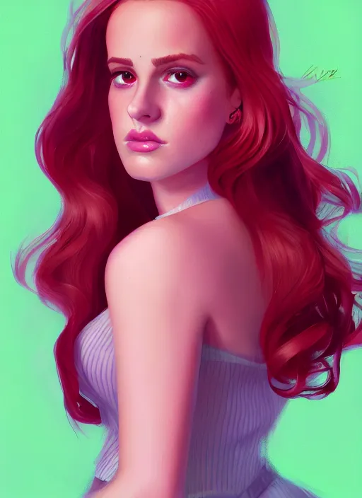 Image similar to full body portrait of teenage cheryl blossom, bangs, green eyes, sultry expression, red hair, sultry smirk, bangs and wavy hair, pink skirt, intricate, elegant, glowing lights, highly detailed, digital painting, artstation, concept art, smooth, sharp focus, illustration, art by wlop, mars ravelo and greg rutkowski