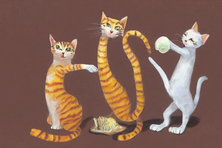 Image similar to a high detail paint of Two cats dancing with a mushroom, in simple background, concept art, mad painting