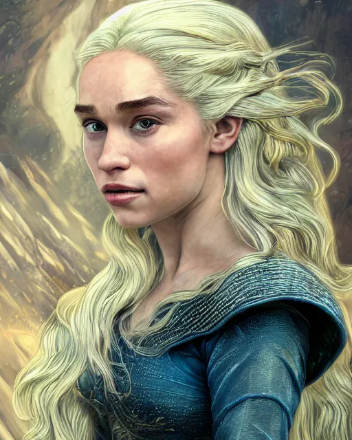 Image similar to closeup portrait of happy beautiful daenerys targaryen leaning against dragons, long blonde windblown hair and dragonskin armor, standing on a ledge of a mountain, glamour pose, detailed illustration, digital art, trending on artstation, soft ambient lighting, volumetric lighting, rim lighting, yoshitaka amano, daniel merriam, alphonse mucha, arney freytag